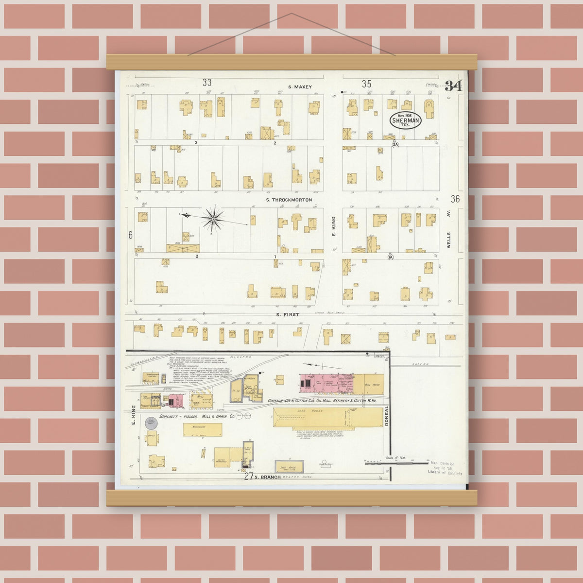 Old map wall art mockup — magnetic wood frame on brick wall — Sanborn Fire Insurance Map from Sherman, Grayson County, Texas (1908), Sheet #0034