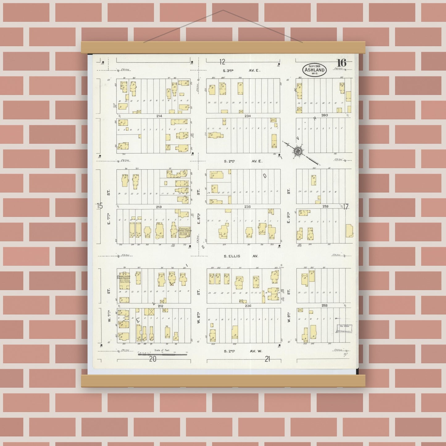 Old map wall art mockup — magnetic wood frame on brick wall — Sanborn Fire Insurance Map from Ashland, Ashland County, Wisconsin (1909), Sheet #0016