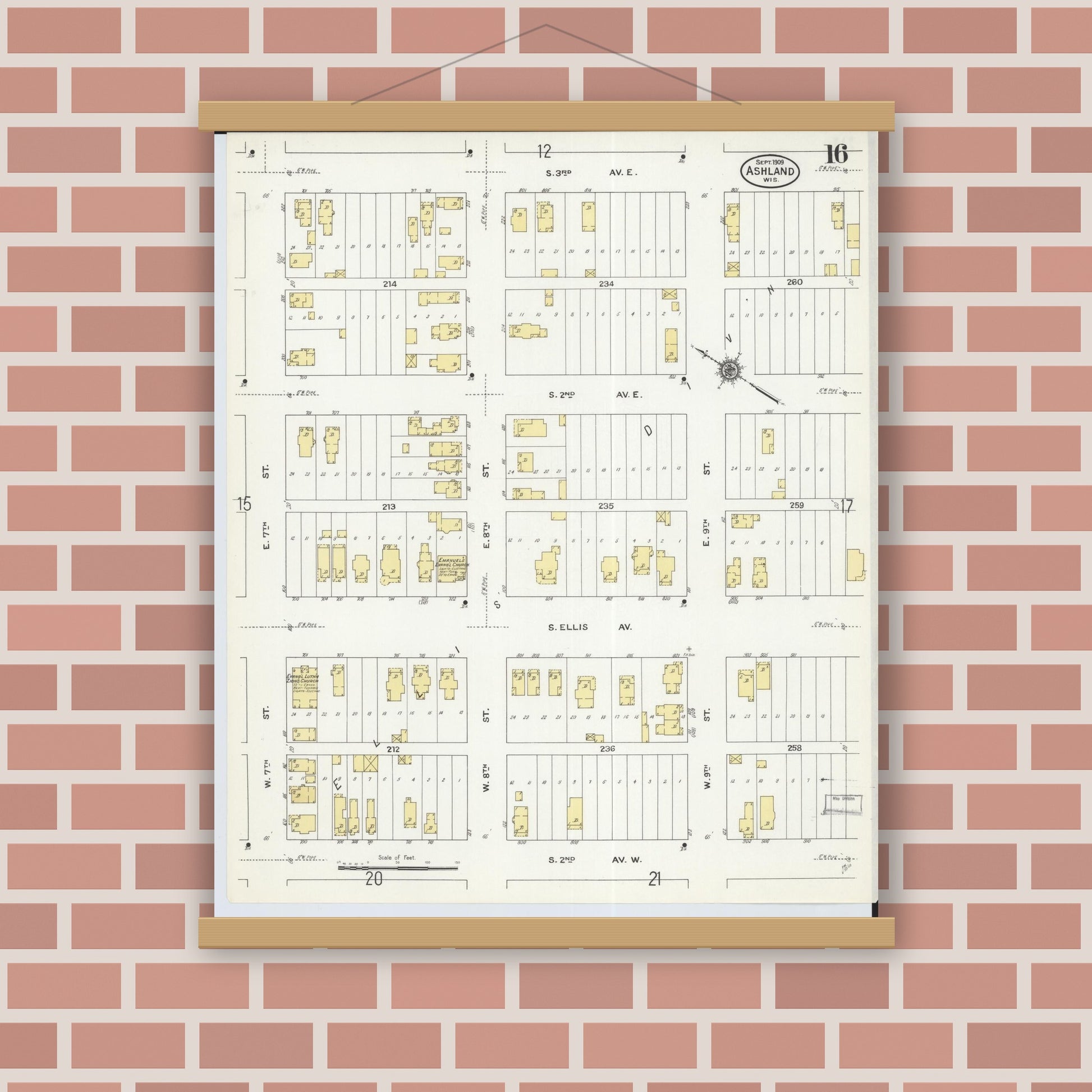 Old map wall art mockup — magnetic wood frame on brick wall — Sanborn Fire Insurance Map from Ashland, Ashland County, Wisconsin (1909), Sheet #0016