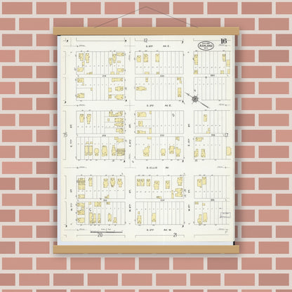 Old map wall art mockup — magnetic wood frame on brick wall — Sanborn Fire Insurance Map from Ashland, Ashland County, Wisconsin (1909), Sheet #0016