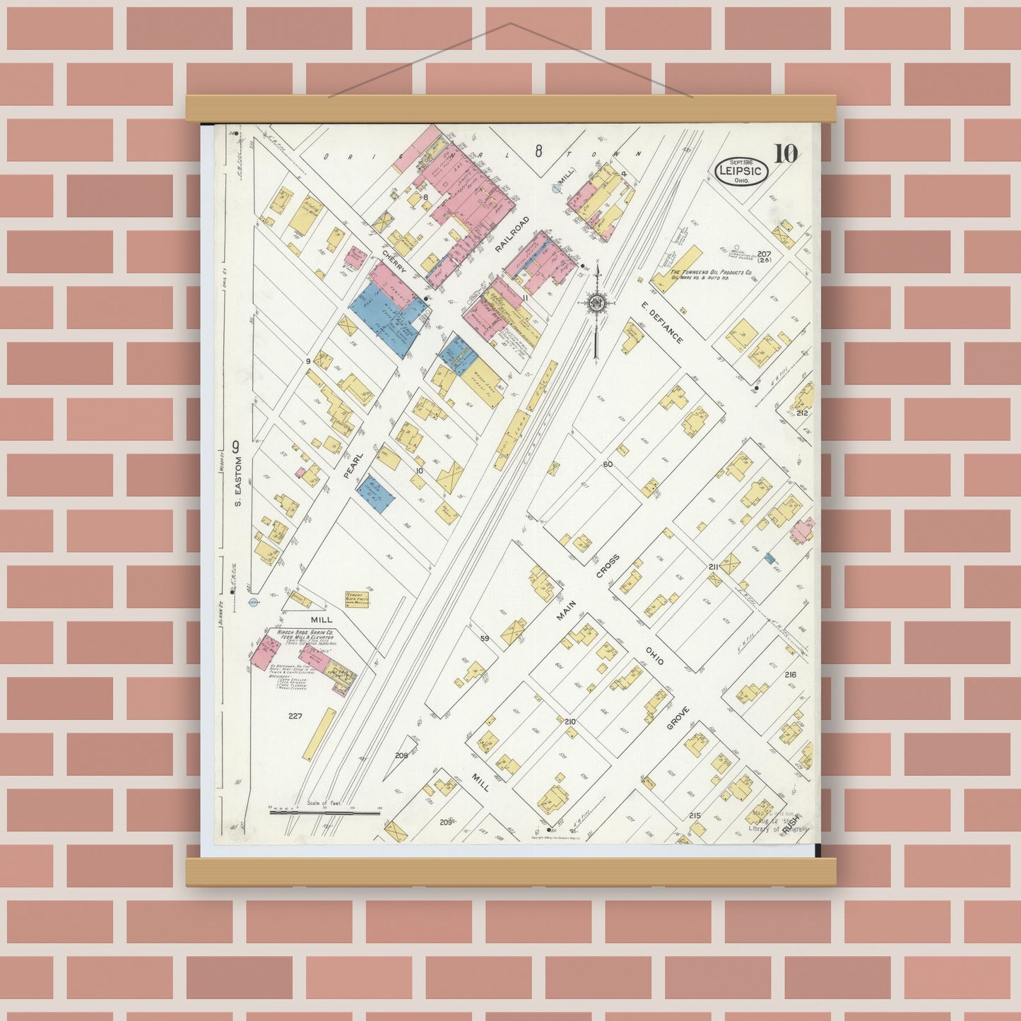 Old map wall art mockup — magnetic wood frame on brick wall — Sanborn Fire Insurance Map from Leipsic, Putnam County, Ohio (1916), Sheet #0010