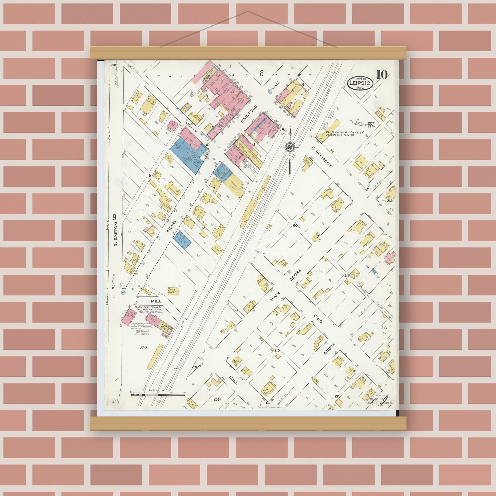 Old map wall art mockup — magnetic wood frame on brick wall — Sanborn Fire Insurance Map from Leipsic, Putnam County, Ohio (1916), Sheet #0010