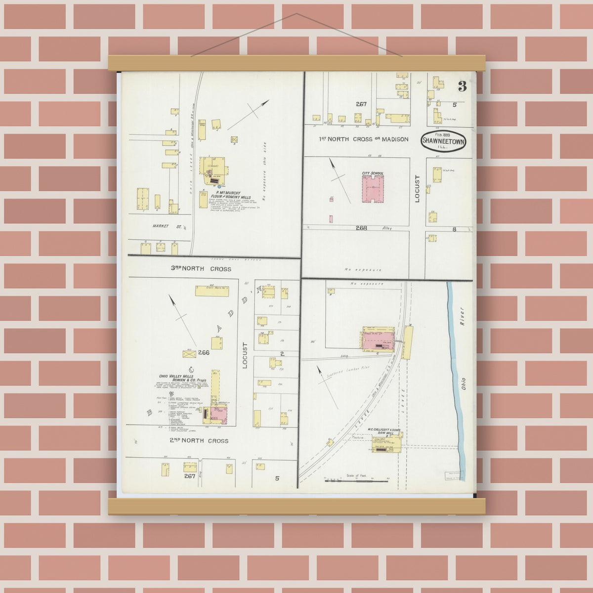 Old map wall art mockup — magnetic wood frame on brick wall — Sanborn Fire Insurance Map from Shawneetown, Gallatin County, Illinois (1893), Sheet #0003