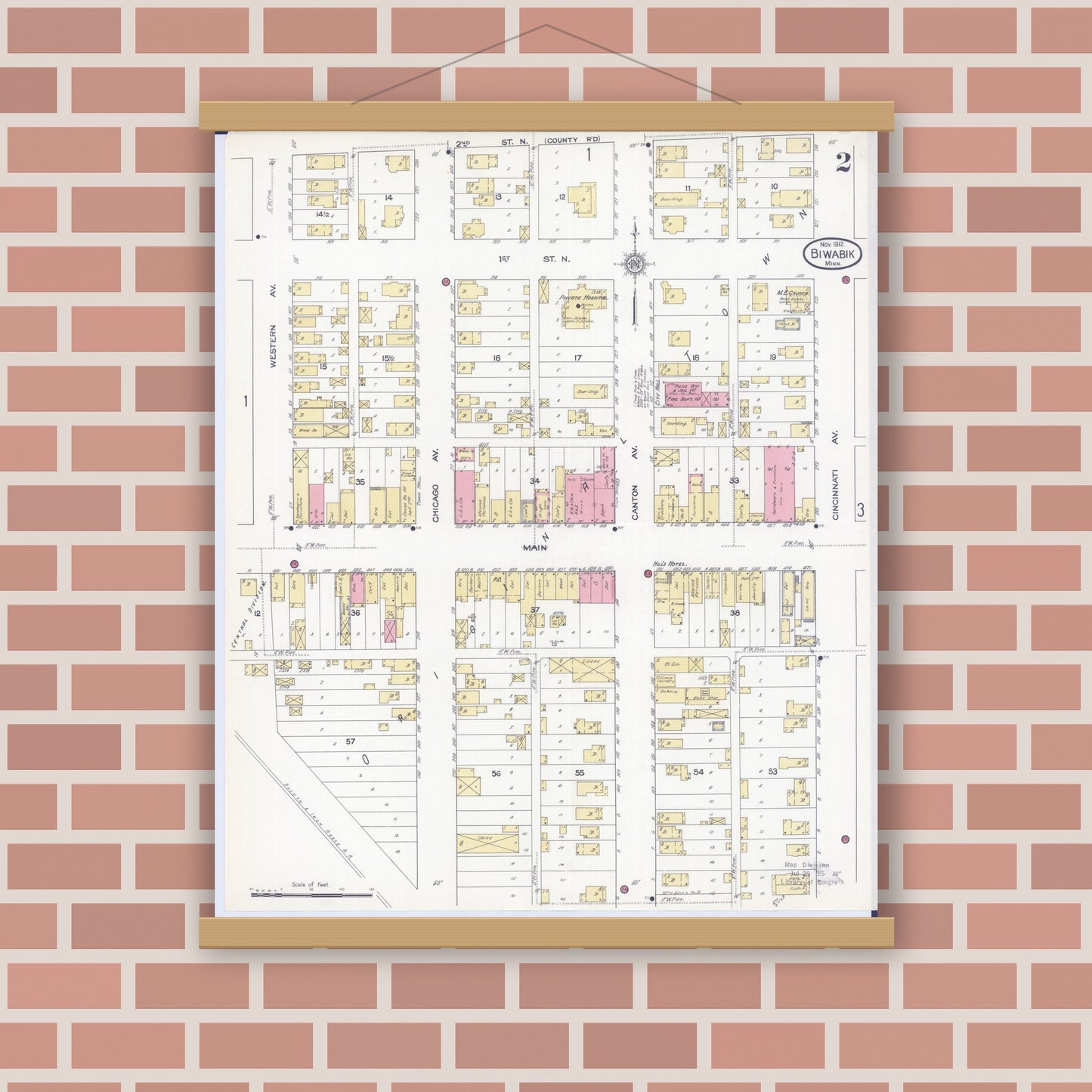 Old map wall art mockup — magnetic wood frame on brick wall — Sanborn Fire Insurance Map from Biwabik, Saint Louis County, Minnesota (1912), Sheet #0002