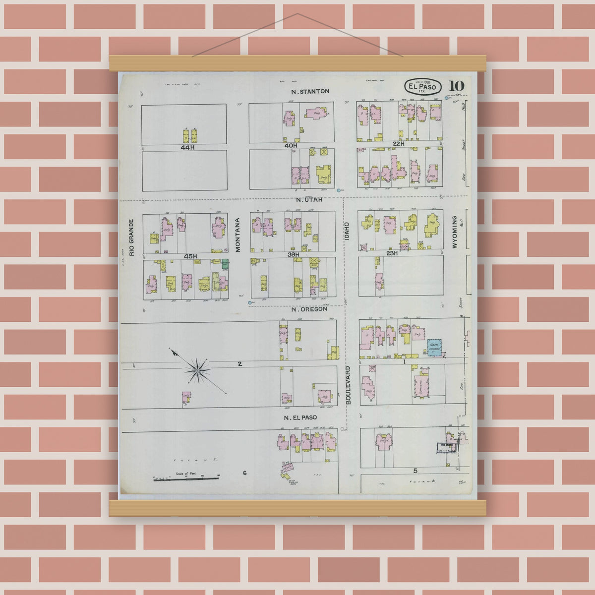 Old map wall art mockup — magnetic wood frame on brick wall — Sanborn Fire Insurance Map from El Paso, El Paso County, Texas (1888), Sheet #0010