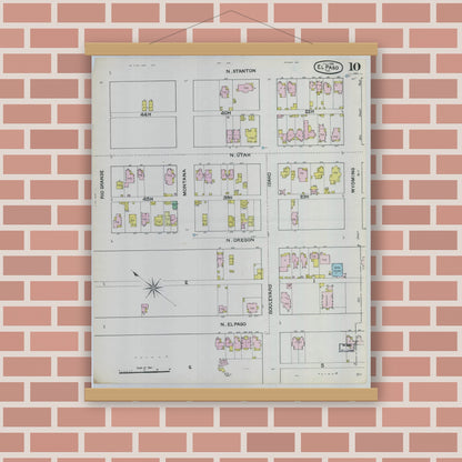 Old map wall art mockup — magnetic wood frame on brick wall — Sanborn Fire Insurance Map from El Paso, El Paso County, Texas (1888), Sheet #0010