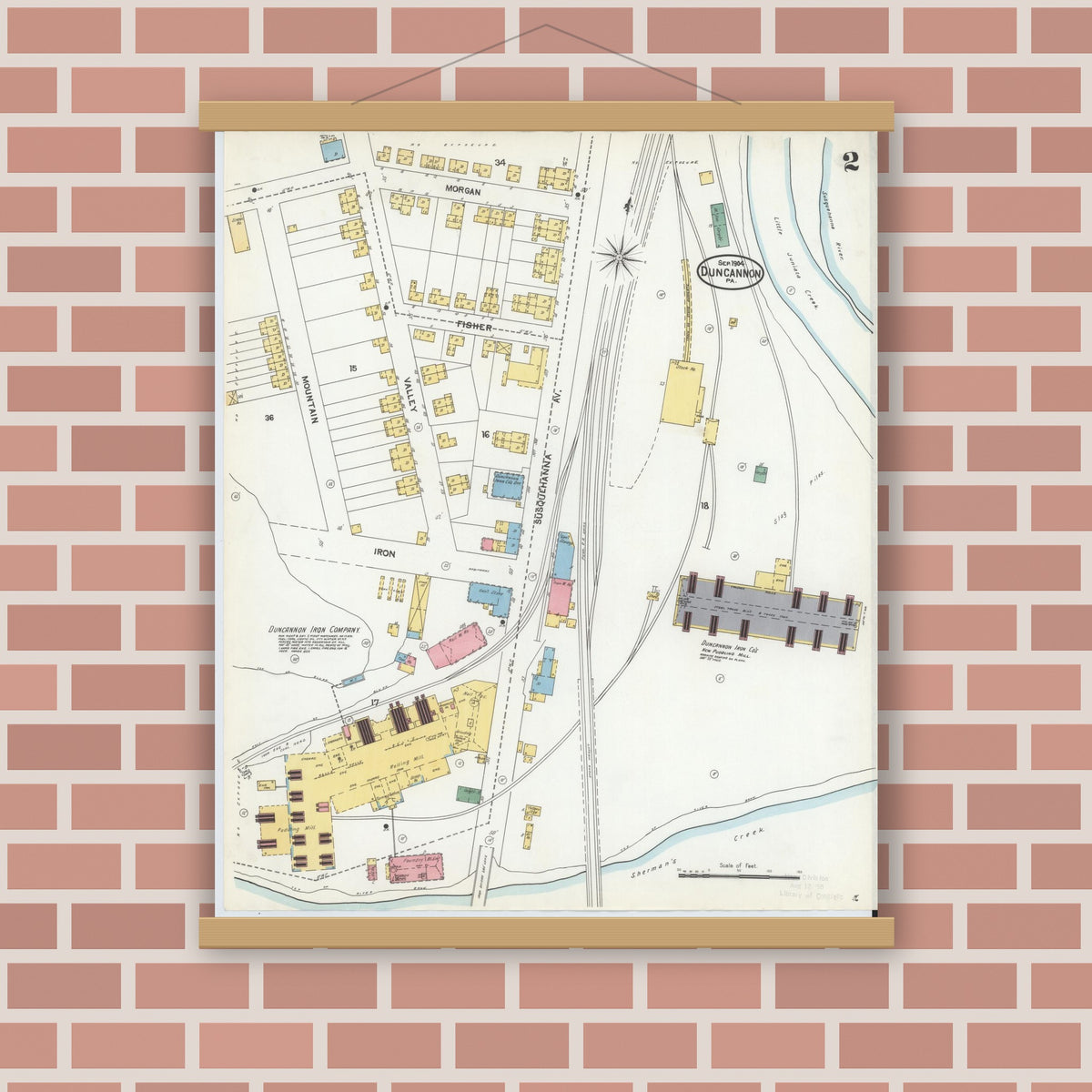 Old map wall art mockup — magnetic wood frame on brick wall — Sanborn Fire Insurance Map from Duncannon, Perry County, Pennsylvania (1904), Sheet #0002