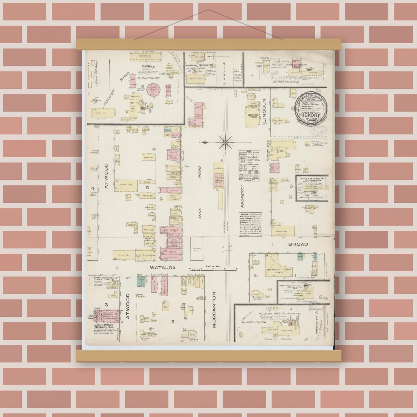 Old map wall art mockup — magnetic wood frame on brick wall — Sanborn Fire Insurance Map from Hickory, Catawba County, North Carolina (1885), Sheet #0001