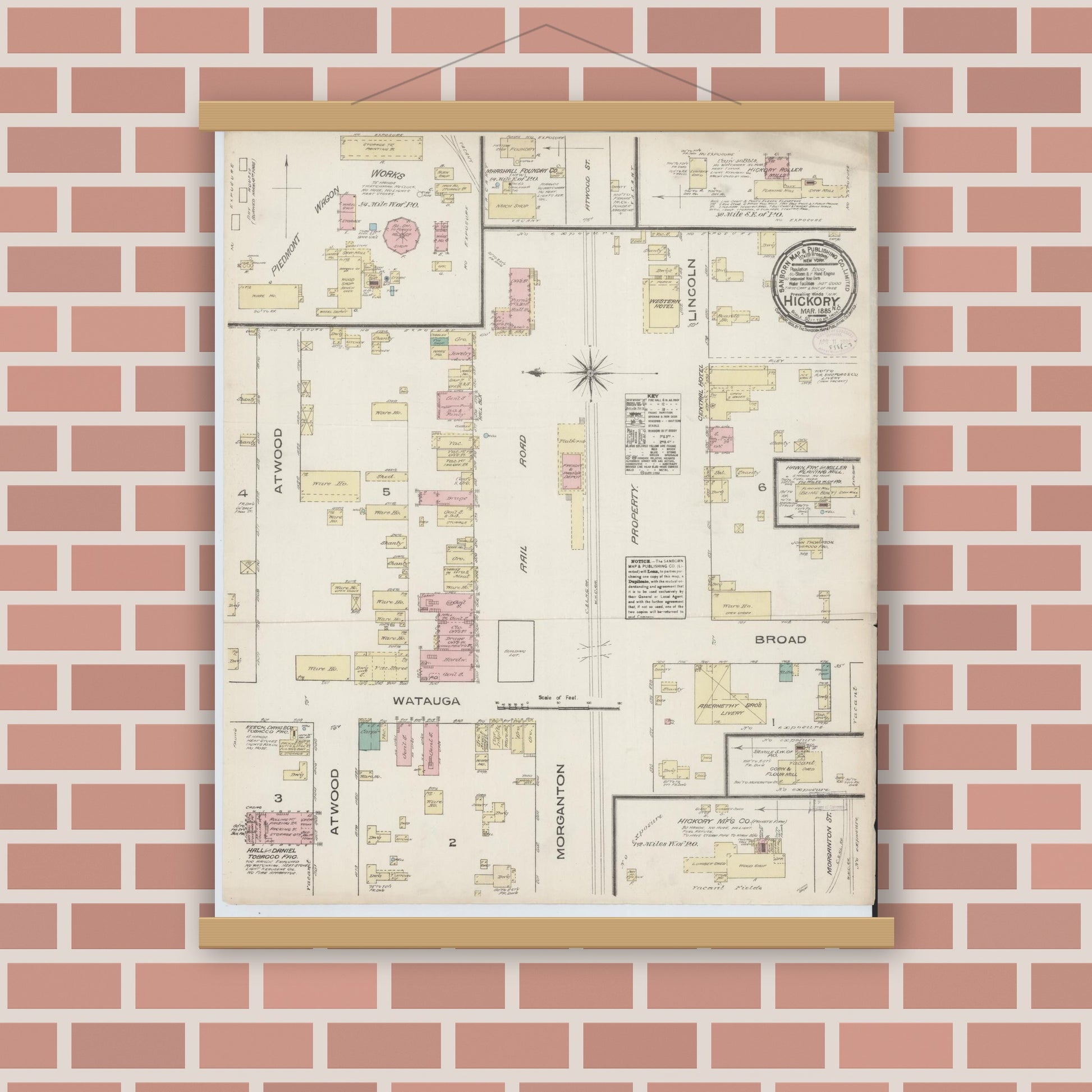 Old map wall art mockup — magnetic wood frame on brick wall — Sanborn Fire Insurance Map from Hickory, Catawba County, North Carolina (1885), Sheet #0001
