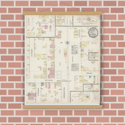 Old map wall art mockup — magnetic wood frame on brick wall — Sanborn Fire Insurance Map from Hickory, Catawba County, North Carolina (1885), Sheet #0001
