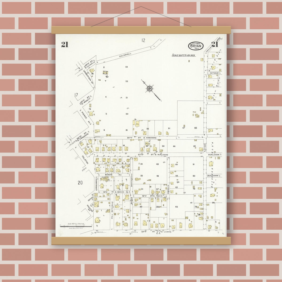 Old map wall art mockup — magnetic wood frame on brick wall — Sanborn Fire Insurance Map from Bryan, Brazos County, Texas (1925), Sheet #0021