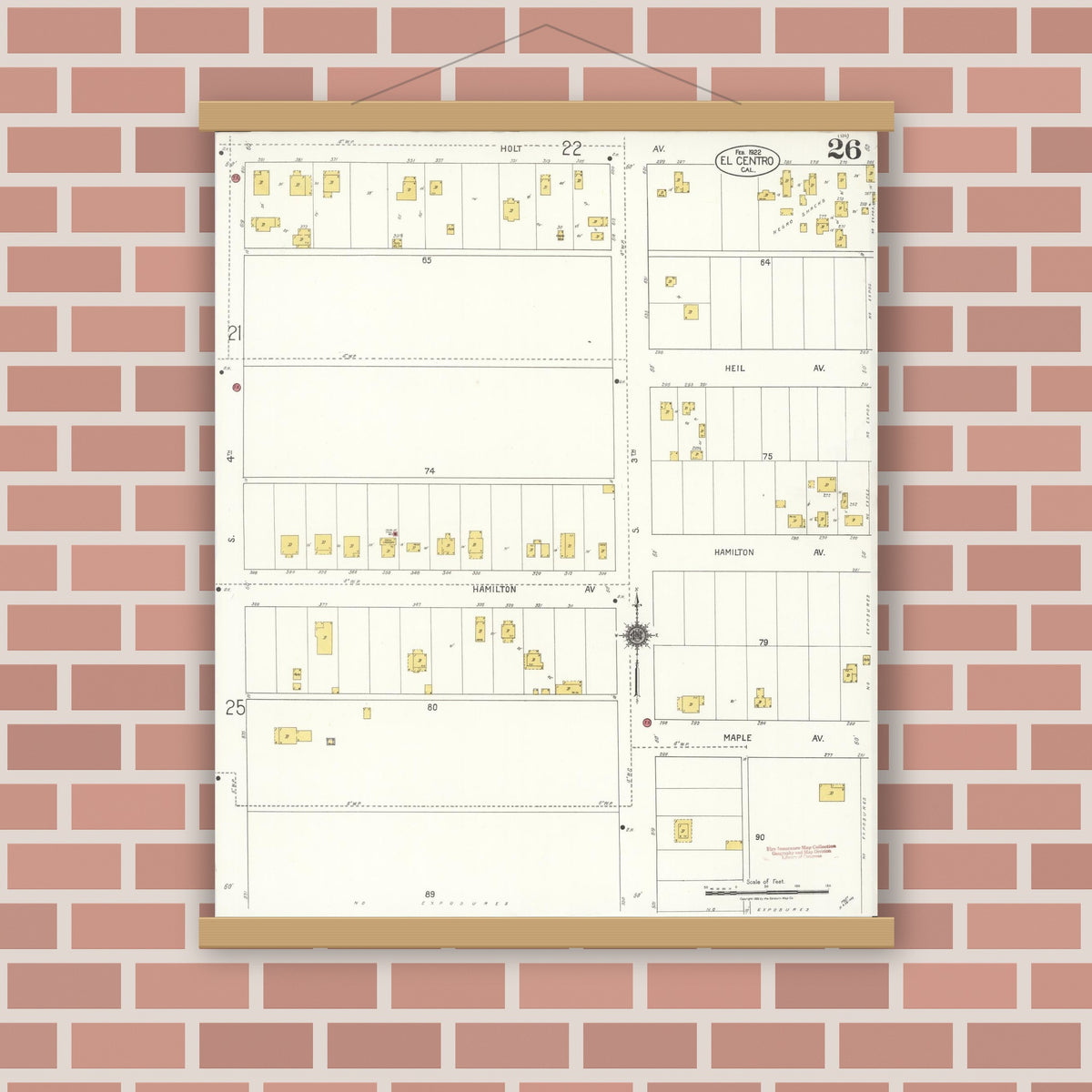 Old map wall art mockup — magnetic wood frame on brick wall — Sanborn Fire Insurance Map from El Centro, Imperial County, California (1922), Sheet #0026