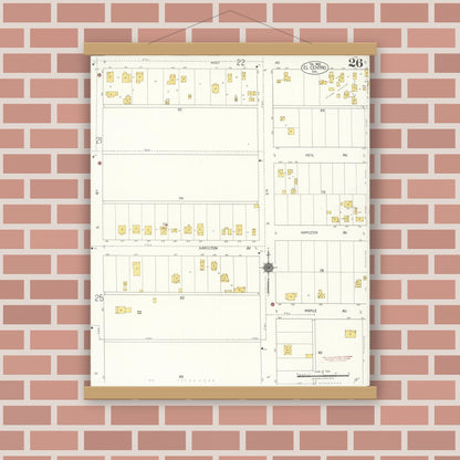 Old map wall art mockup — magnetic wood frame on brick wall — Sanborn Fire Insurance Map from El Centro, Imperial County, California (1922), Sheet #0026