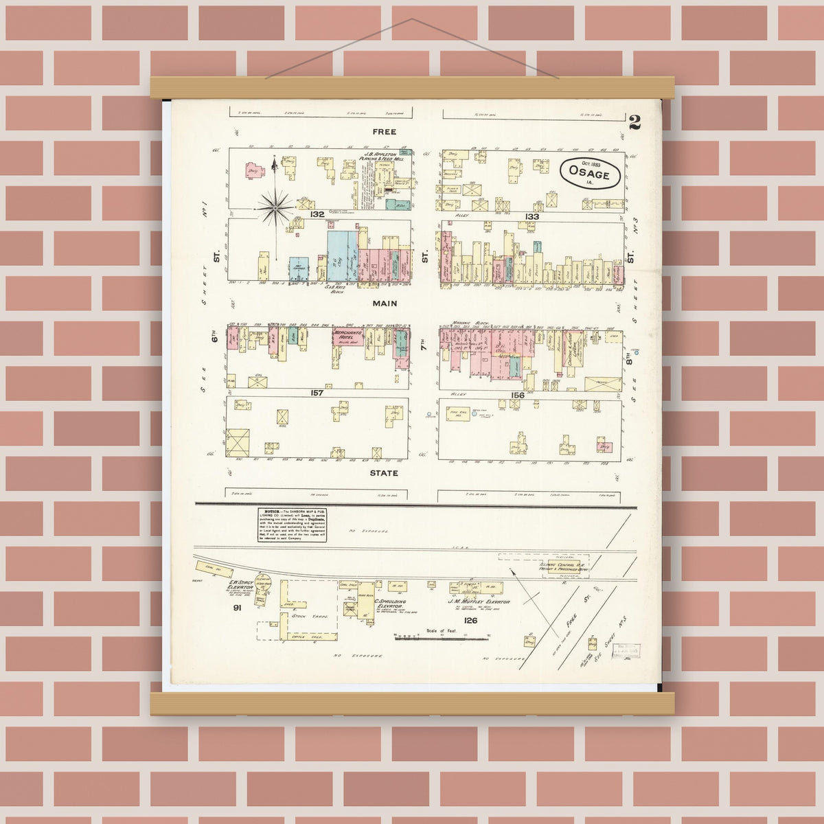 Old map wall art mockup — magnetic wood frame on brick wall — Sanborn Fire Insurance Map from Osage, Mitchell County, Iowa (1883), Sheet #0002