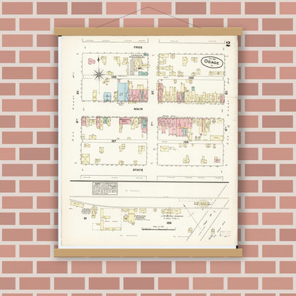 Old map wall art mockup — magnetic wood frame on brick wall — Sanborn Fire Insurance Map from Osage, Mitchell County, Iowa (1883), Sheet #0002