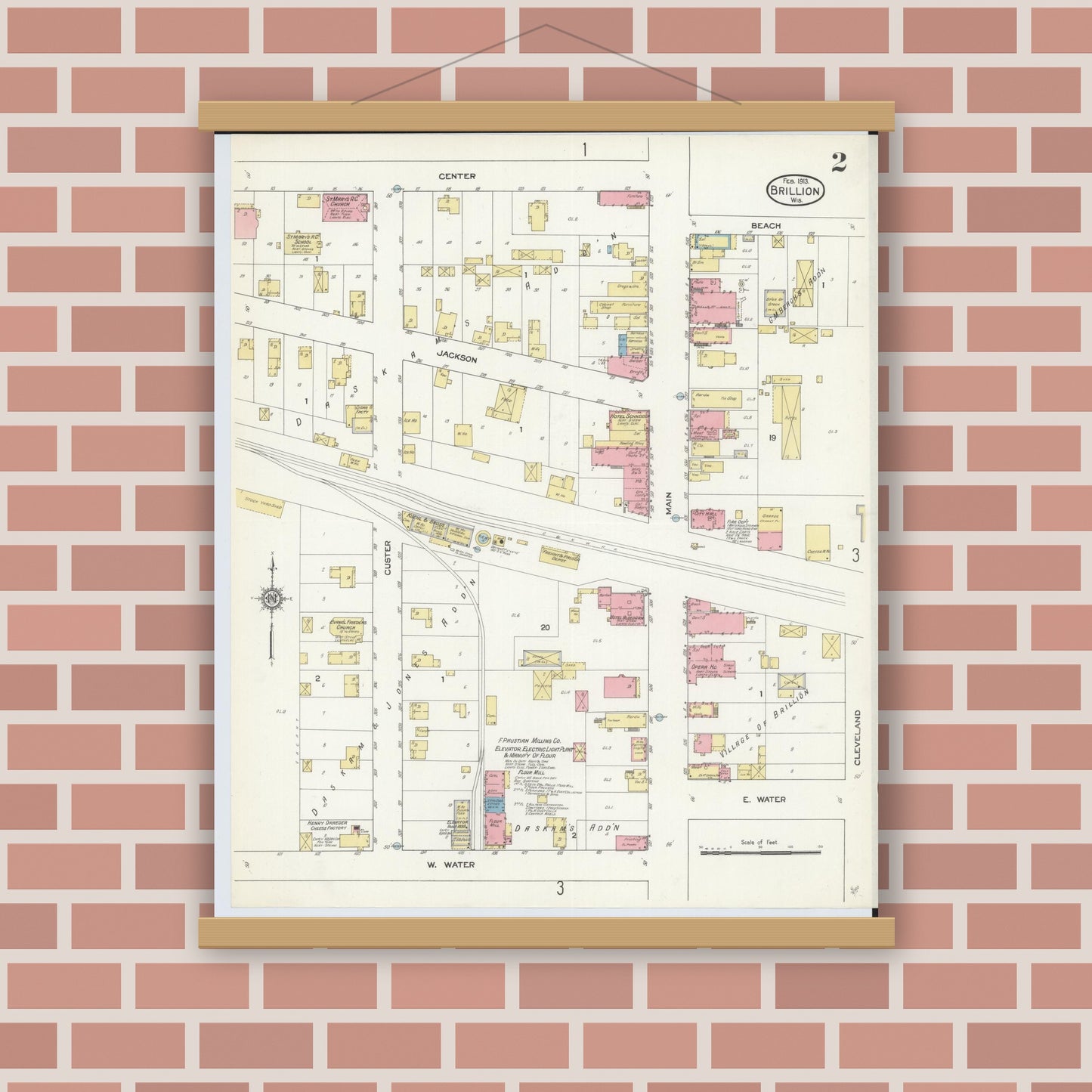 Old map wall art mockup — magnetic wood frame on brick wall — Sanborn Fire Insurance Map from Brillion, Calumet County, Wisconsin (1913), Sheet #0002