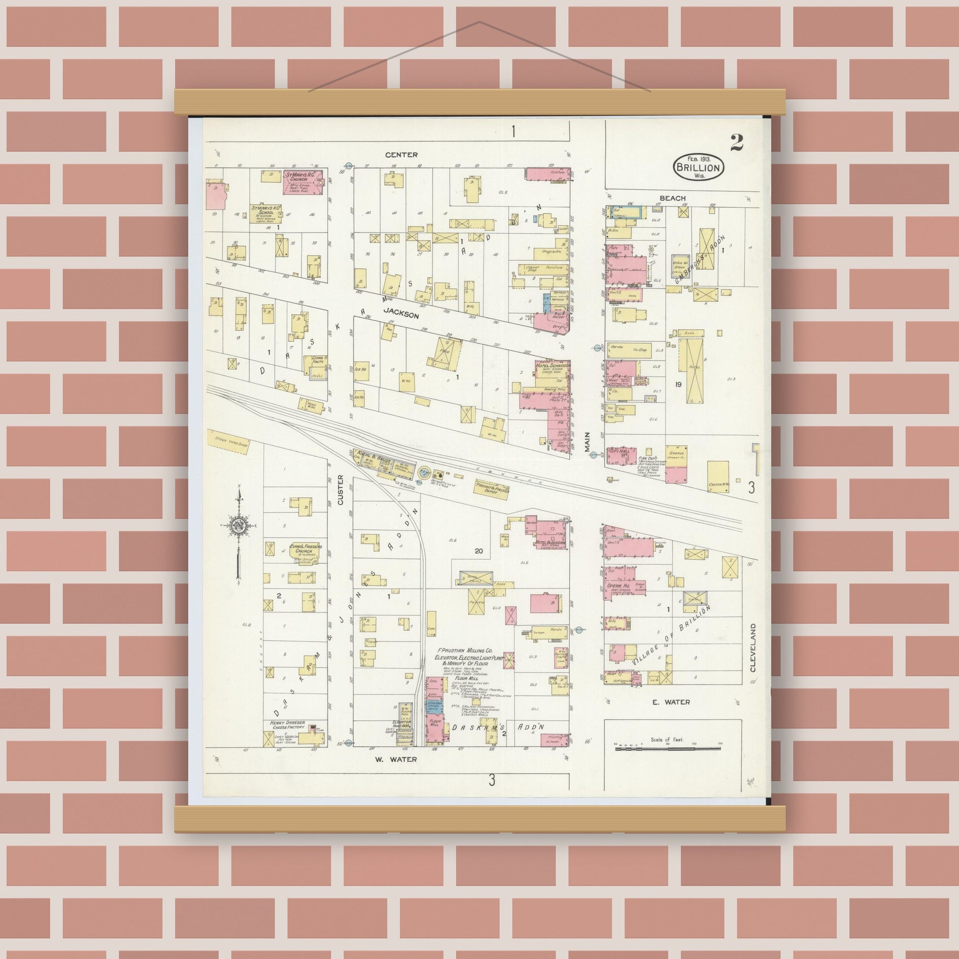Old map wall art mockup — magnetic wood frame on brick wall — Sanborn Fire Insurance Map from Brillion, Calumet County, Wisconsin (1913), Sheet #0002