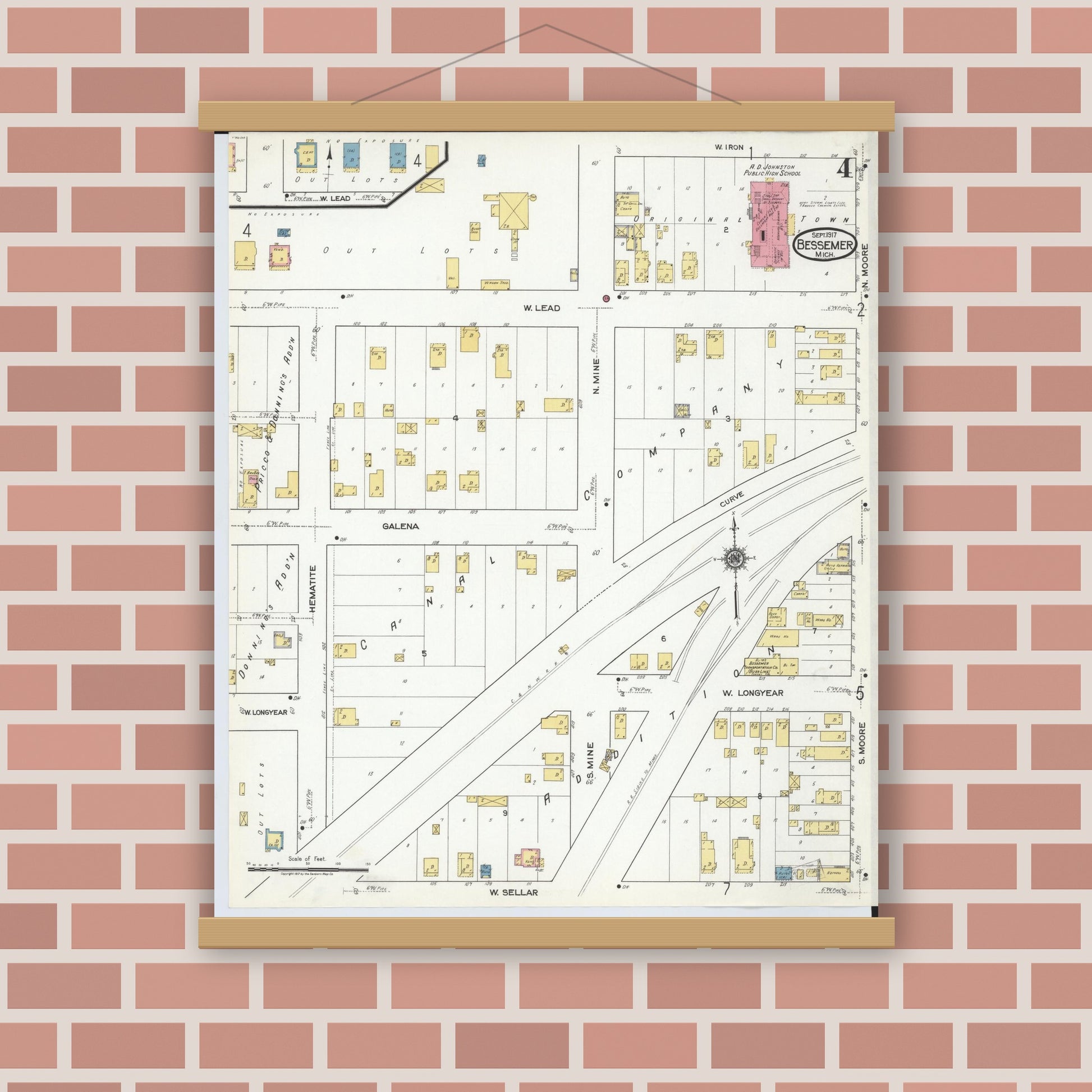 Old map wall art mockup — magnetic wood frame on brick wall — Sanborn Fire Insurance Map from Bessemer, Gogebic County, Michigan (1917), Sheet #0004