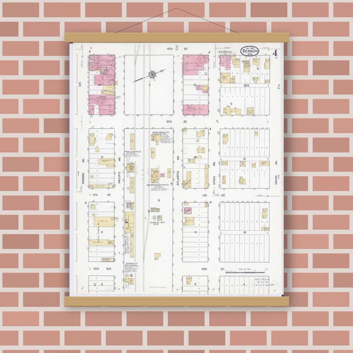 Old map wall art mockup — magnetic wood frame on brick wall — Sanborn Fire Insurance Map from Benson, Swift County, Minnesota (1916), Sheet #0004
