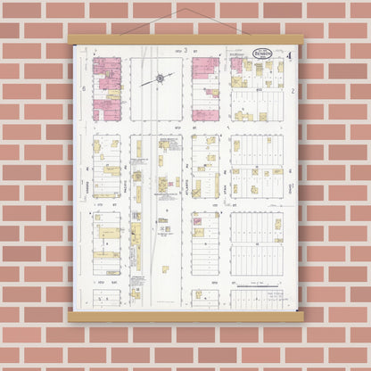 Old map wall art mockup — magnetic wood frame on brick wall — Sanborn Fire Insurance Map from Benson, Swift County, Minnesota (1916), Sheet #0004