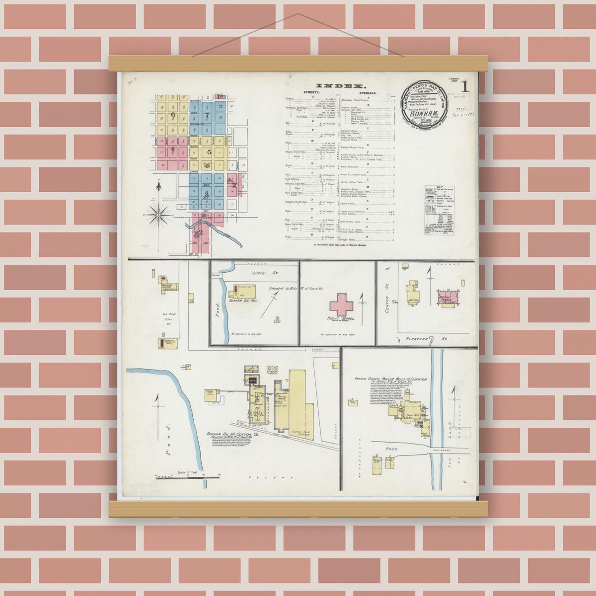 Old map wall art mockup — magnetic wood frame on brick wall — Sanborn Fire Insurance Map from Bonham, Fannin County, Texas (1892) - Complete Map Set