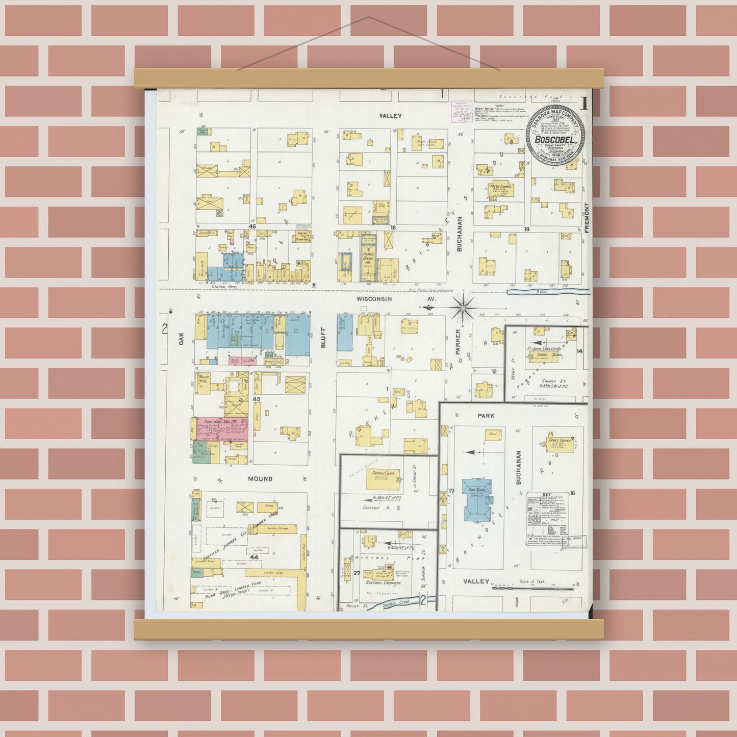 Old map wall art mockup — magnetic wood frame on brick wall — Sanborn Fire Insurance Map from Boscobel, Grant County, Wisconsin (1904) - Complete Map Set