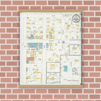 Old map wall art mockup — magnetic wood frame on brick wall — Sanborn Fire Insurance Map from Boscobel, Grant County, Wisconsin (1904) - Complete Map Set