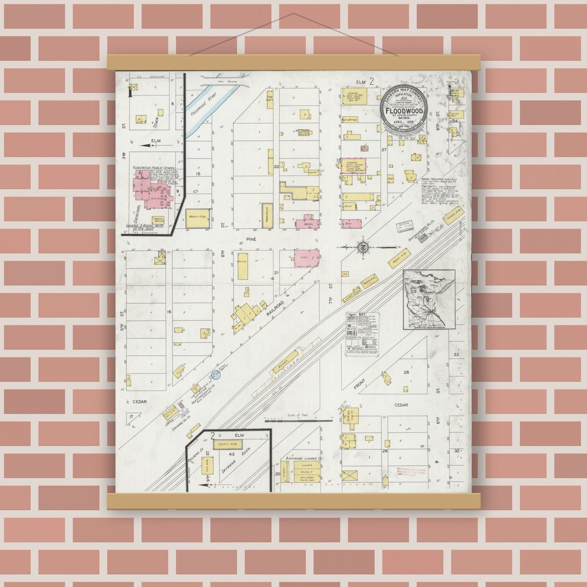 Old map wall art mockup — magnetic wood frame on brick wall — Sanborn Fire Insurance Map from Floodwood, Saint Louis County, Minnesota (1928) - Complete Map Set