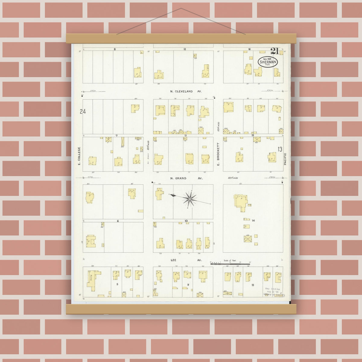 Old map wall art mockup — magnetic wood frame on brick wall — Sanborn Fire Insurance Map from Sherman, Grayson County, Texas (1908), Sheet #0021