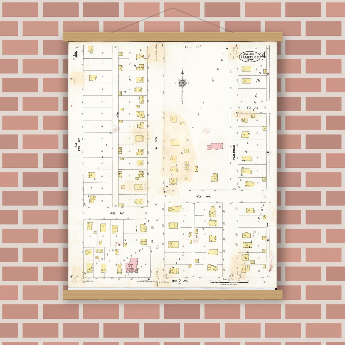Old map wall art mockup — magnetic wood frame on brick wall — Sanborn Fire Insurance Map from Hartley, O'Brien County, Iowa (1936), Sheet #0004