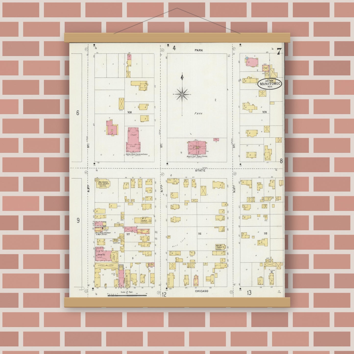 Old map wall art mockup — magnetic wood frame on brick wall — Sanborn Fire Insurance Map from Manitowoc, Manitowoc County, Wisconsin (1906), Sheet #0007