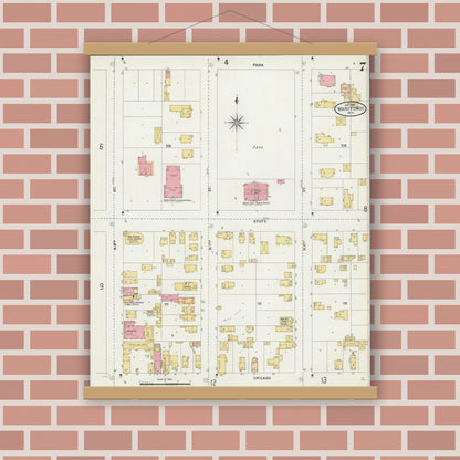 Old map wall art mockup — magnetic wood frame on brick wall — Sanborn Fire Insurance Map from Manitowoc, Manitowoc County, Wisconsin (1906), Sheet #0007