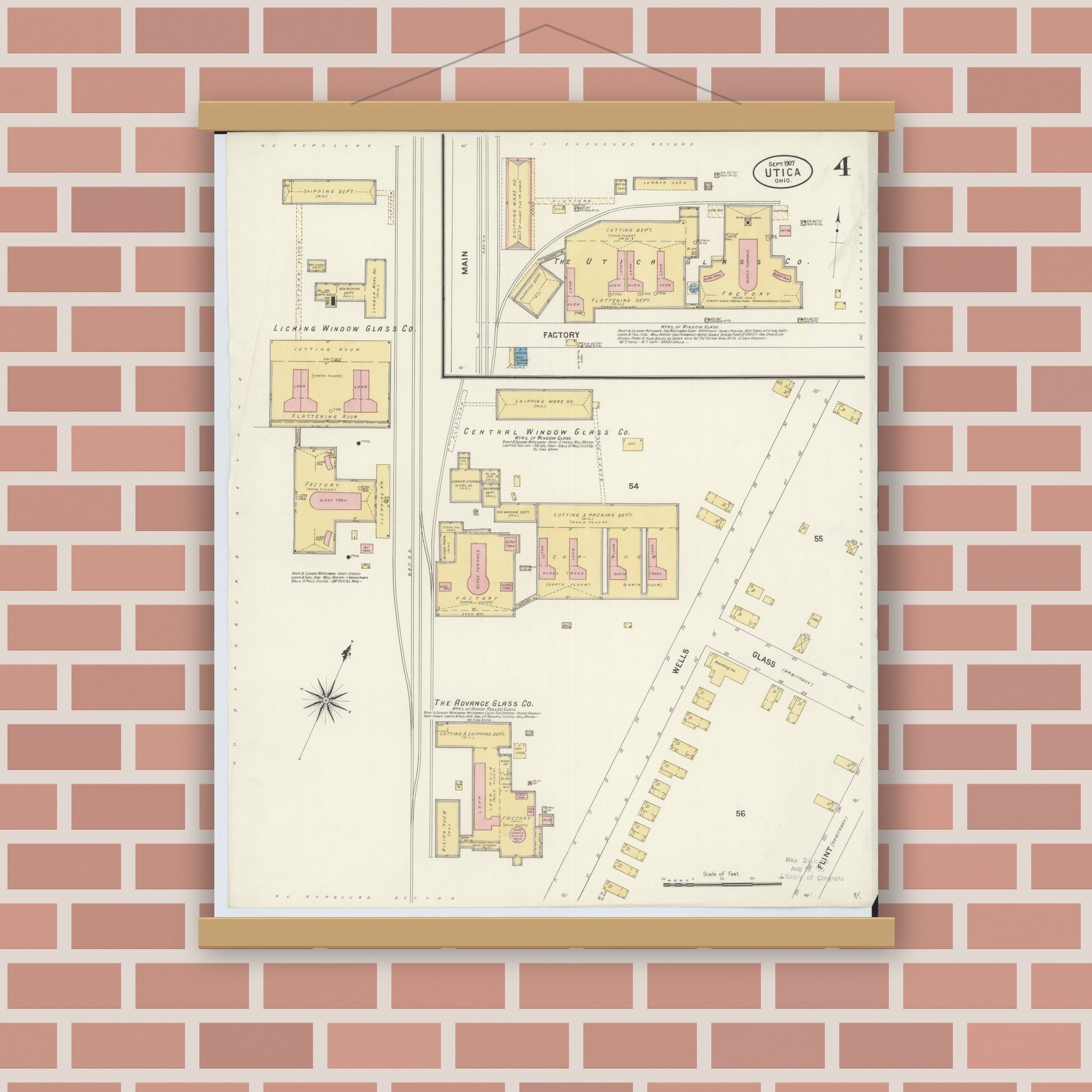 Old map wall art mockup — magnetic wood frame on brick wall — Sanborn Fire Insurance Map from Utica, Licking County, Ohio (1907), Sheet #0004