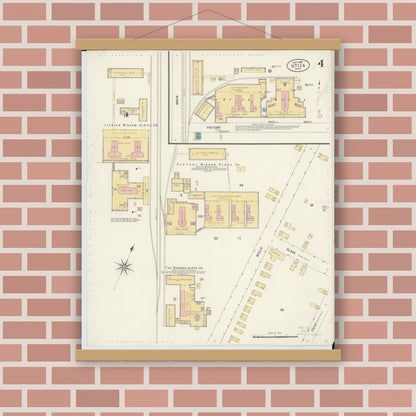 Old map wall art mockup — magnetic wood frame on brick wall — Sanborn Fire Insurance Map from Utica, Licking County, Ohio (1907), Sheet #0004