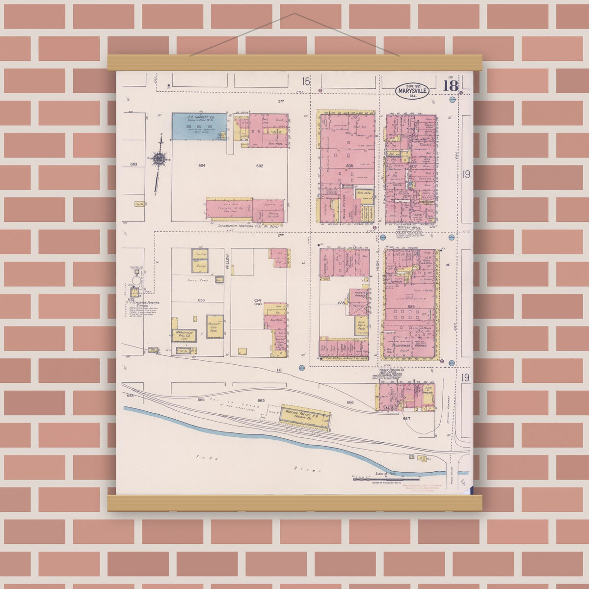 Old map wall art mockup — magnetic wood frame on brick wall — Sanborn Fire Insurance Map from Marysville, Yuba County, California (1921), Sheet #0018