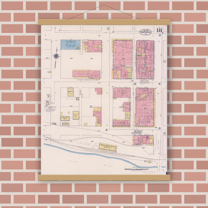 Old map wall art mockup — magnetic wood frame on brick wall — Sanborn Fire Insurance Map from Marysville, Yuba County, California (1921), Sheet #0018