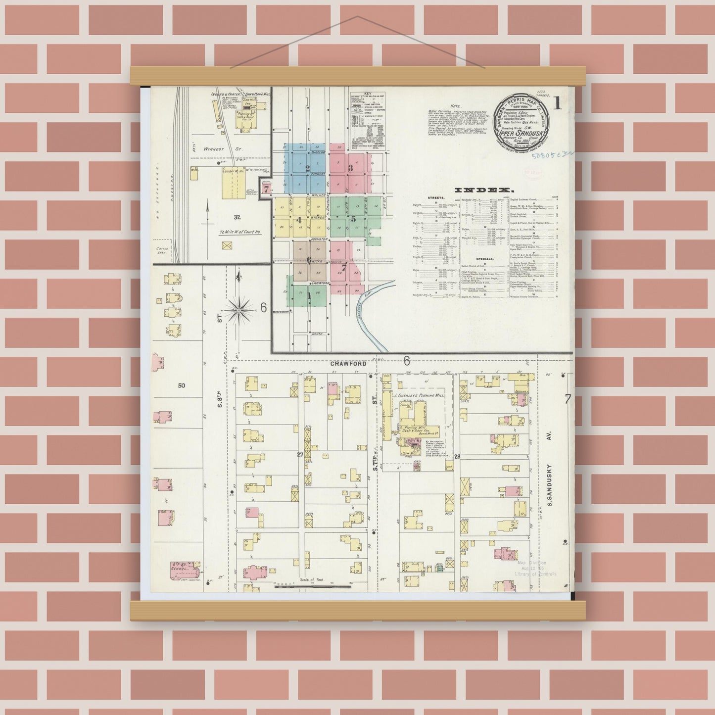 Old map wall art mockup — magnetic wood frame on brick wall — Sanborn Fire Insurance Map from Upper Sandusky, Wyandot County, Ohio (1897), Sheet #0001