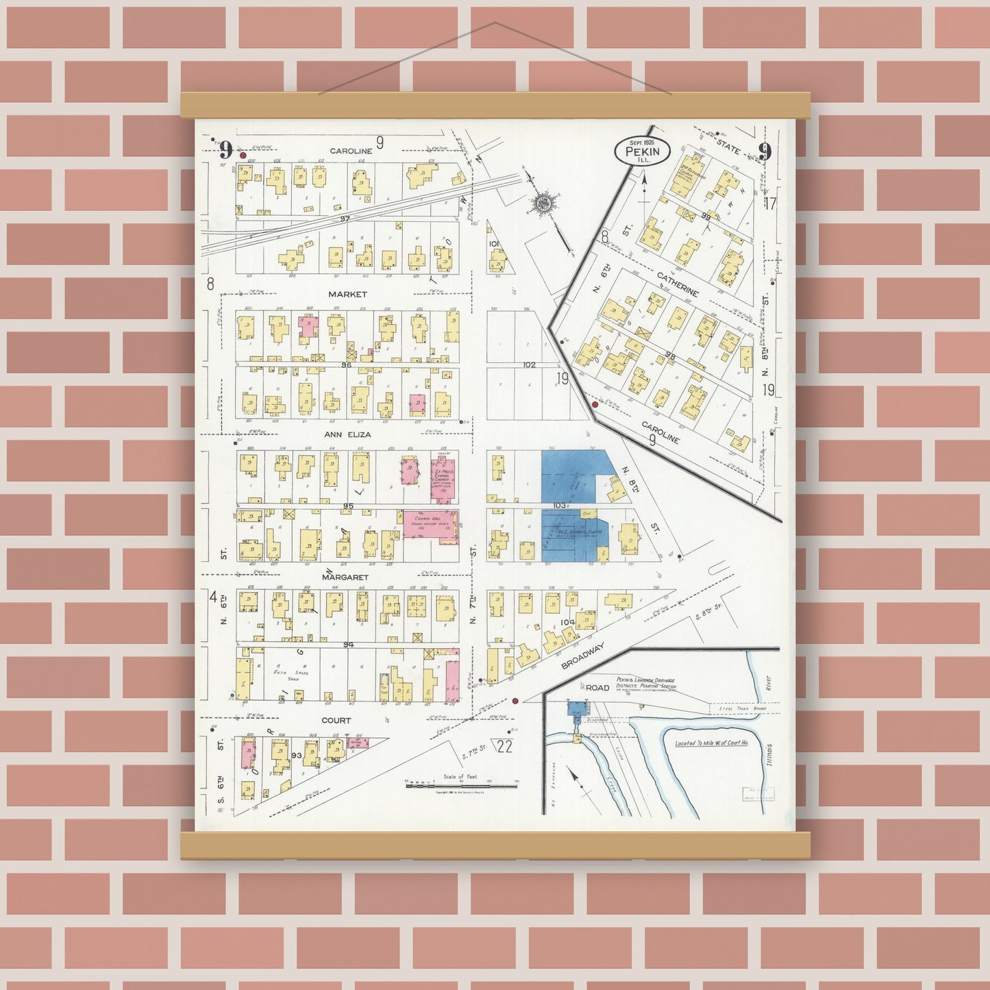 Old map wall art mockup — magnetic wood frame on brick wall — Sanborn Fire Insurance Map from Pekin, Tazewell County, Illinois (1925), Sheet #0009