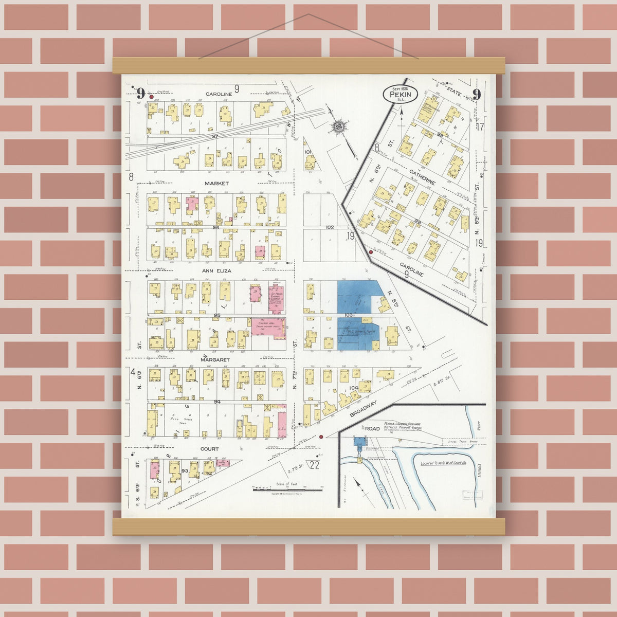 Old map wall art mockup — magnetic wood frame on brick wall — Sanborn Fire Insurance Map from Pekin, Tazewell County, Illinois (1925), Sheet #0009