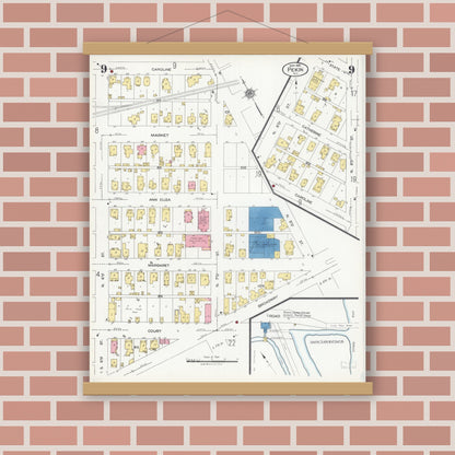 Old map wall art mockup — magnetic wood frame on brick wall — Sanborn Fire Insurance Map from Pekin, Tazewell County, Illinois (1925), Sheet #0009