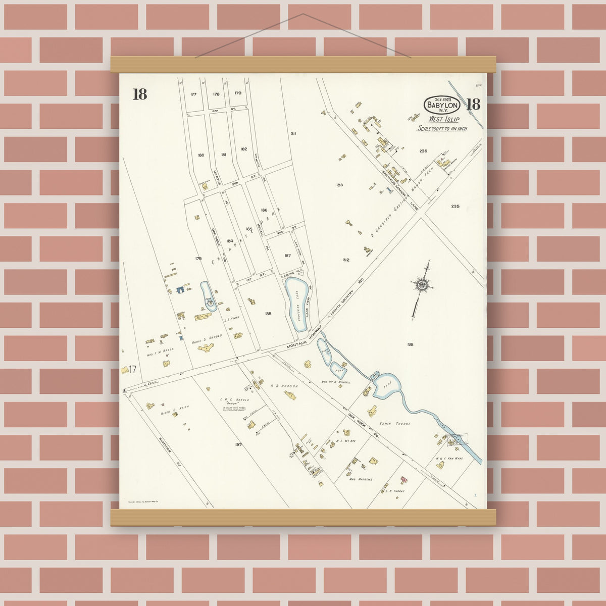 Old map wall art mockup — magnetic wood frame on brick wall — Sanborn Fire Insurance Map from Babylon, Suffolk County, New York (1923), Sheet #0018