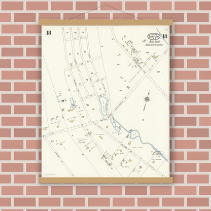 Old map wall art mockup — magnetic wood frame on brick wall — Sanborn Fire Insurance Map from Babylon, Suffolk County, New York (1923), Sheet #0018