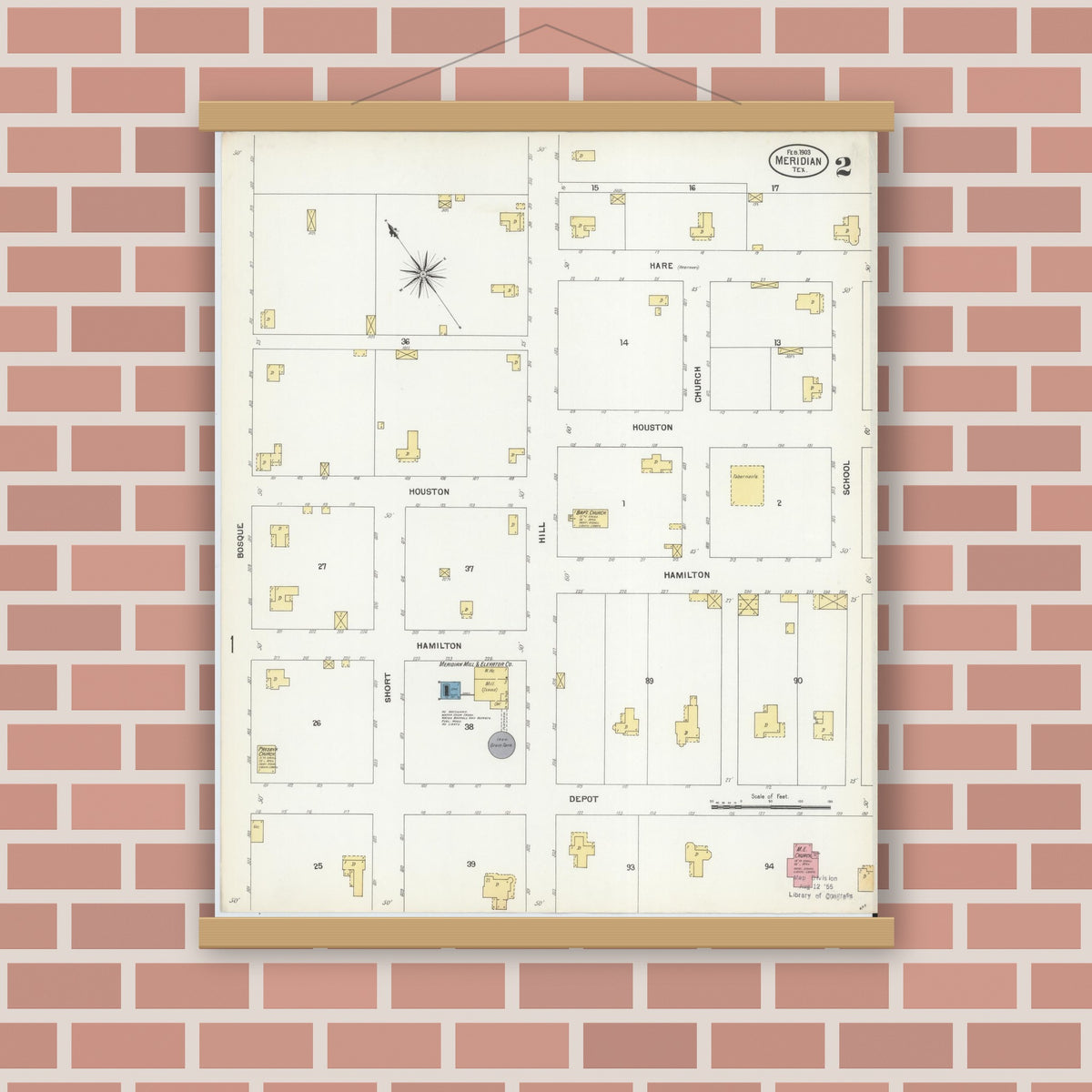 Old map wall art mockup — magnetic wood frame on brick wall — Sanborn Fire Insurance Map from Meridian, Bosque County, Texas (1903), Sheet #0002
