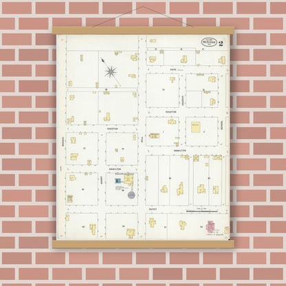 Old map wall art mockup — magnetic wood frame on brick wall — Sanborn Fire Insurance Map from Meridian, Bosque County, Texas (1903), Sheet #0002