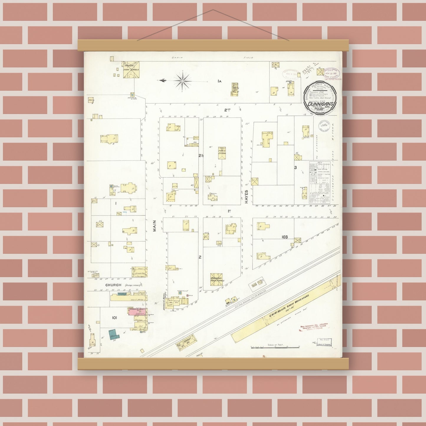 Old map wall art mockup — magnetic wood frame on brick wall — Sanborn Fire Insurance Map from Dunnigan, Yolo County, California (1897), Sheet #0001