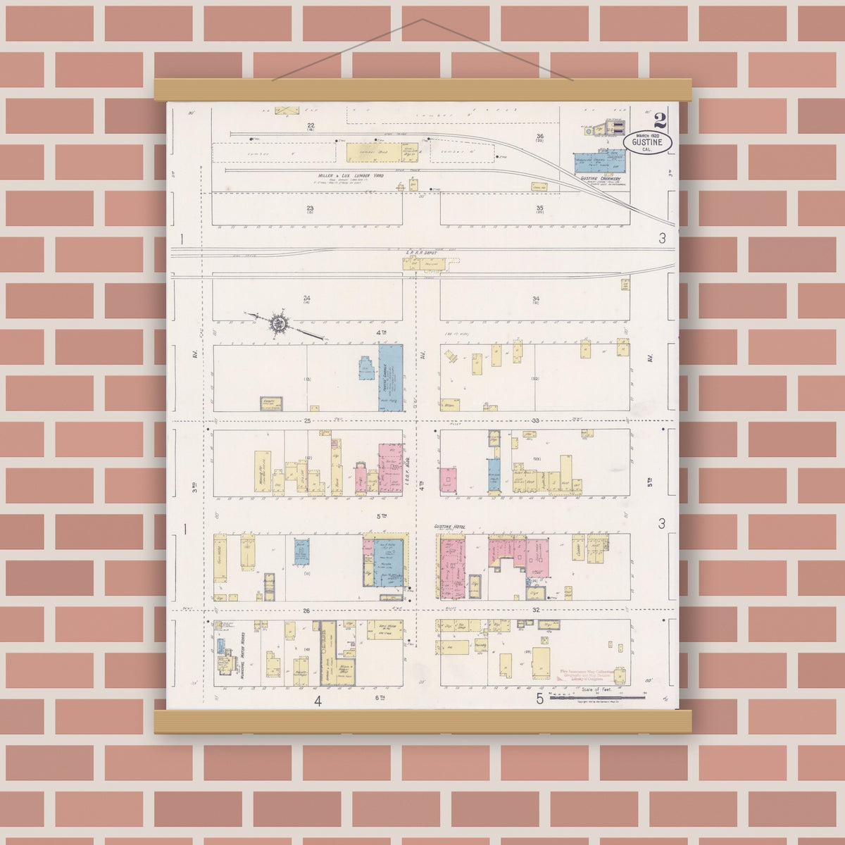 Old map wall art mockup — magnetic wood frame on brick wall — Sanborn Fire Insurance Map from Gustine, Merced County, California (1920), Sheet #0002