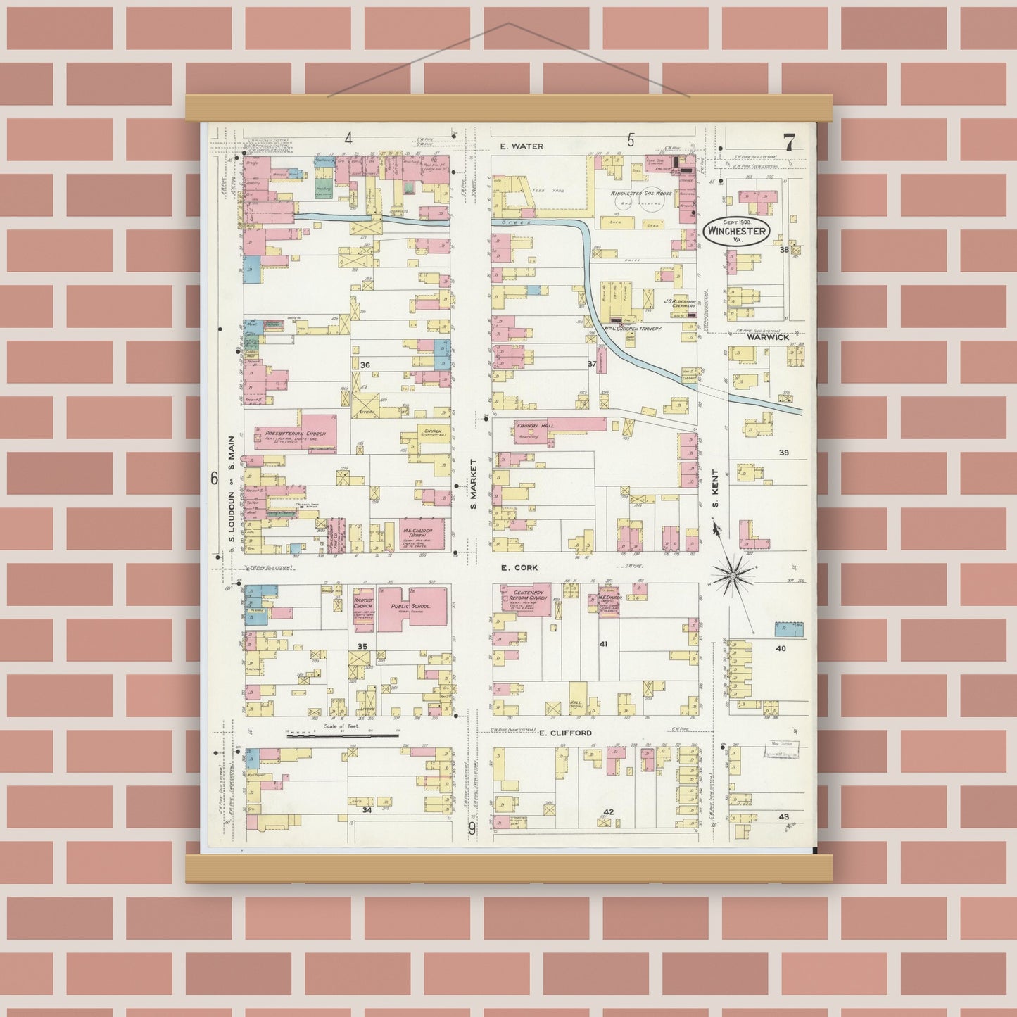 Old map wall art mockup — magnetic wood frame on brick wall — Sanborn Fire Insurance Map from Winchester, Independent Cities, Virginia (1908), Sheet #0007