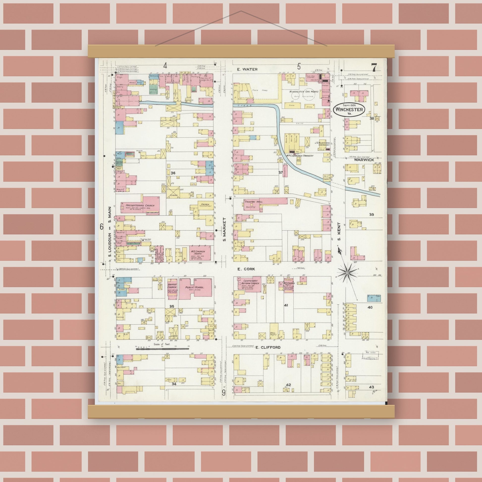 Old map wall art mockup — magnetic wood frame on brick wall — Sanborn Fire Insurance Map from Winchester, Independent Cities, Virginia (1908), Sheet #0007