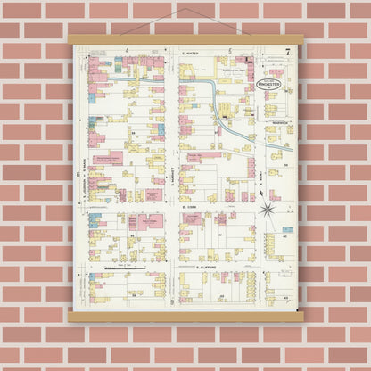 Old map wall art mockup — magnetic wood frame on brick wall — Sanborn Fire Insurance Map from Winchester, Independent Cities, Virginia (1908), Sheet #0007