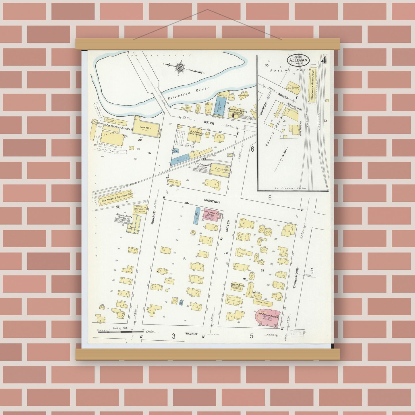 Old map wall art mockup — magnetic wood frame on brick wall — Sanborn Fire Insurance Map from Allegan, Allegan County, Michigan (1911), Sheet #0004